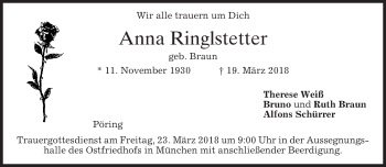 Traueranzeige von Anna Ringlstetter von merkurtz
