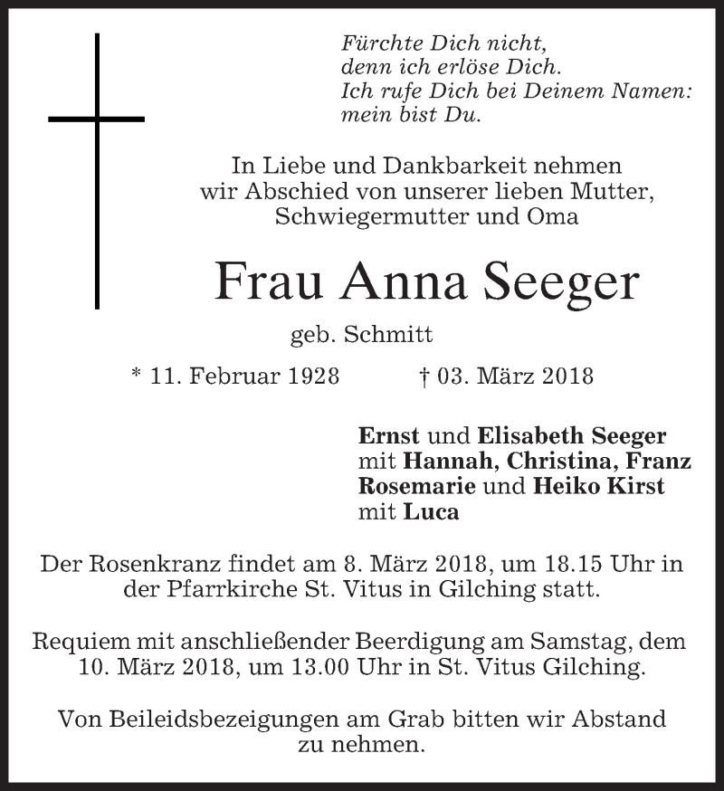  Traueranzeige für Anna Seeger vom 07.03.2018 aus merkurtz