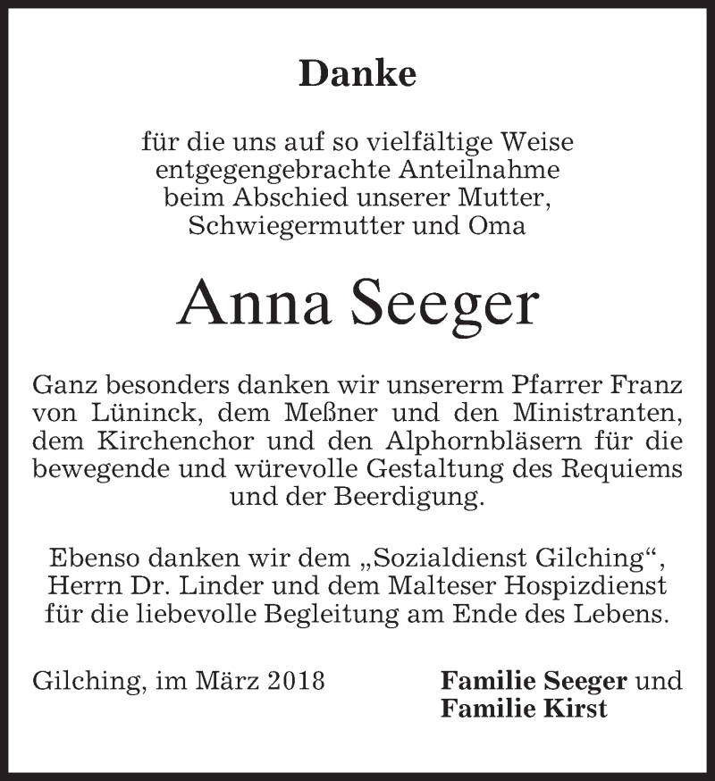  Traueranzeige für Anna Seeger vom 24.03.2018 aus merkurtz