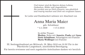 Traueranzeige von Anna Maria Maier von merkurtz