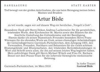 Traueranzeige von Artur Bisle von merkurtz