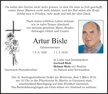 Traueranzeige von Artur Bisle von merkurtz