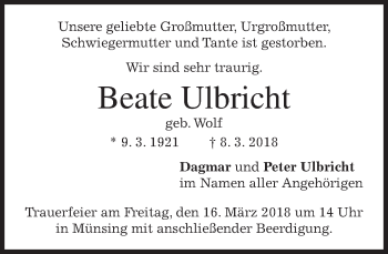 Traueranzeige von Beate Ulbricht von merkurtz