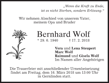 Traueranzeige von Bernhard Wolf von merkurtz
