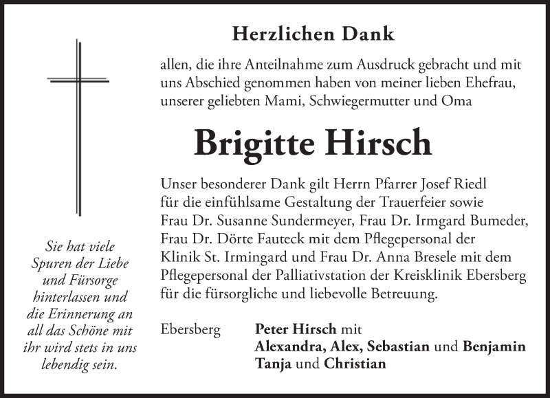  Traueranzeige für Brigitte Hirsch vom 31.03.2018 aus merkurtz