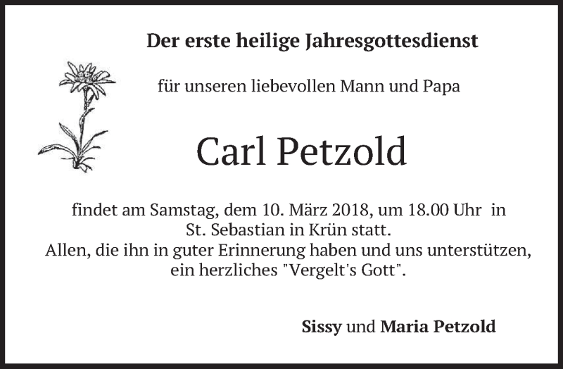  Traueranzeige für Carl Petzold vom 08.03.2018 aus merkurtz