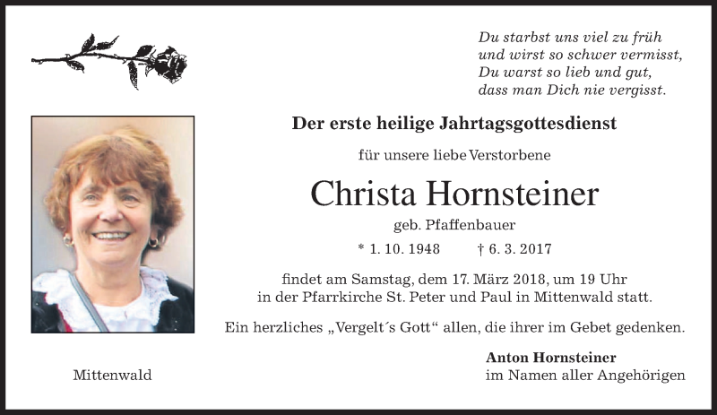  Traueranzeige für Christa Hornsteiner vom 10.03.2018 aus merkurtz