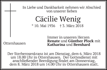 Traueranzeige von Cäcilie Wenig von merkurtz