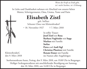 Traueranzeige von Elisabeth Zistl