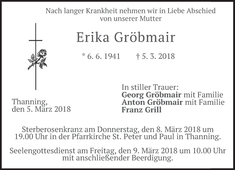  Traueranzeige für Erika Gröbmair vom 07.03.2018 aus merkurtz