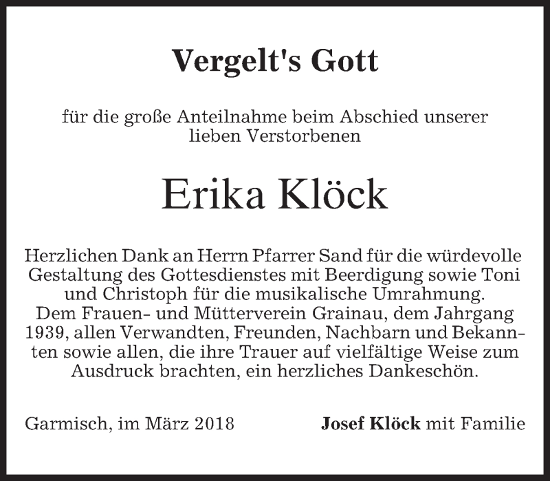  Traueranzeige für Erika Klöck vom 24.03.2018 aus merkurtz