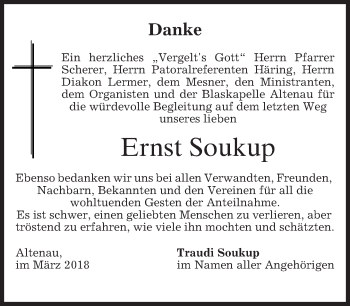 Traueranzeige von Ernst Soukup von merkurtz