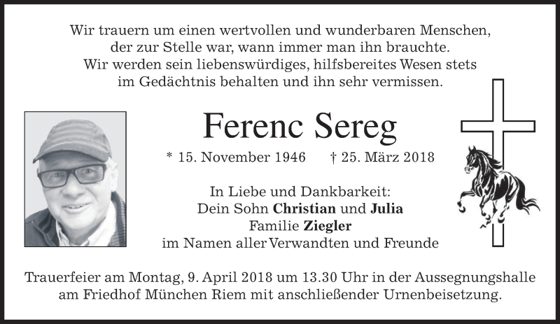  Traueranzeige für Ferenc Sereg vom 31.03.2018 aus merkurtz