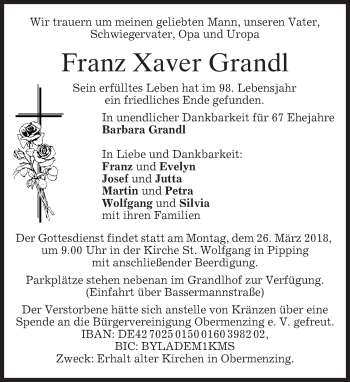 Traueranzeige von Franz Xaver Grandl von merkurtz