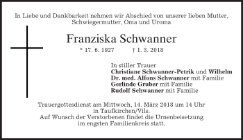 Traueranzeige von Franziska Schwanner von merkurtz