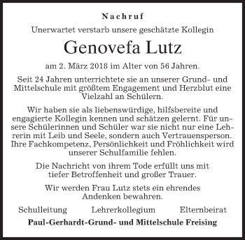 Traueranzeige von Genovefa Lutz von merkurtz