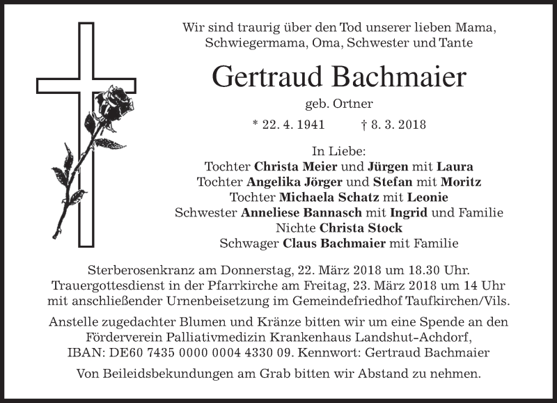  Traueranzeige für Gertraud Bachmaier vom 15.03.2018 aus merkurtz
