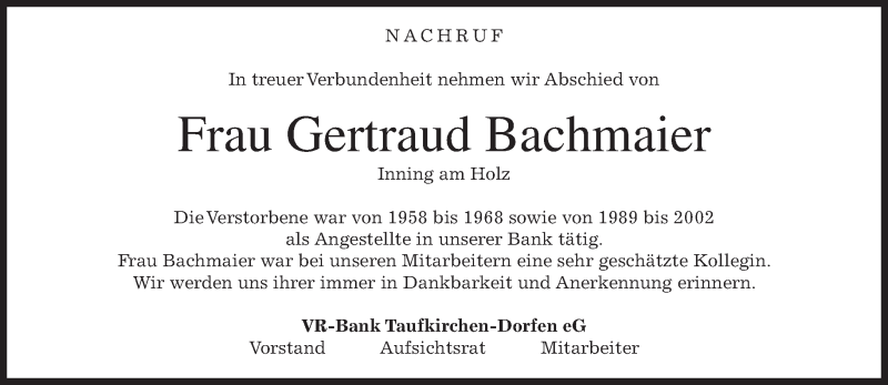  Traueranzeige für Gertraud Bachmaier vom 16.03.2018 aus merkurtz