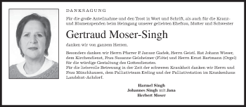 Traueranzeige von Gertraud Moser-Singh von merkurtz