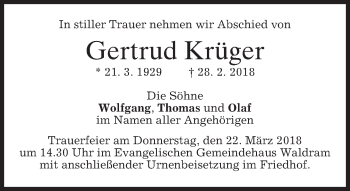 Traueranzeige von Gertrud Krüger von merkurtz