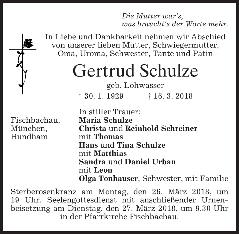  Traueranzeige für Gertrud Schulze vom 24.03.2018 aus merkurtz
