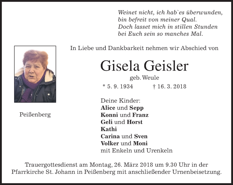  Traueranzeige für Gisela Geisler vom 22.03.2018 aus merkurtz