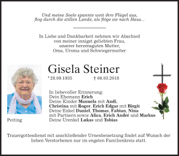 Traueranzeigen von Gisela Steiner | trauer.merkur.de