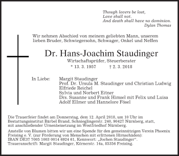 Traueranzeige von Hans-Joachim Staudinger von merkurtz