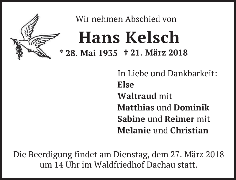  Traueranzeige für Hans Kelsch vom 24.03.2018 aus merkurtz