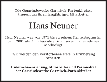 Traueranzeige von Hans Neuner von merkurtz