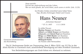 Traueranzeige von Hans Neuner von merkurtz
