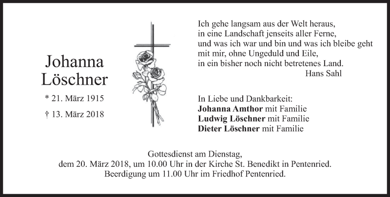  Traueranzeige für Johanna Löschner vom 17.03.2018 aus merkurtz