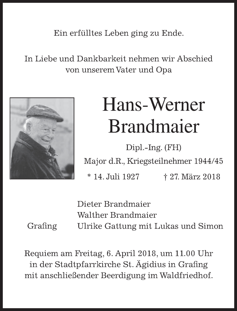  Traueranzeige für Hans-Werner Brandmaier vom 31.03.2018 aus merkurtz