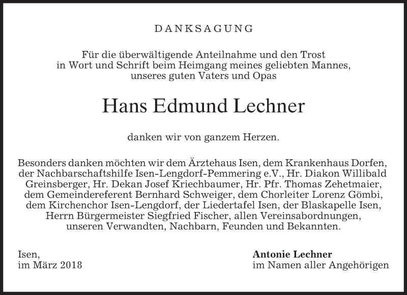  Traueranzeige für Hans Edmund Lechner vom 10.03.2018 aus merkurtz