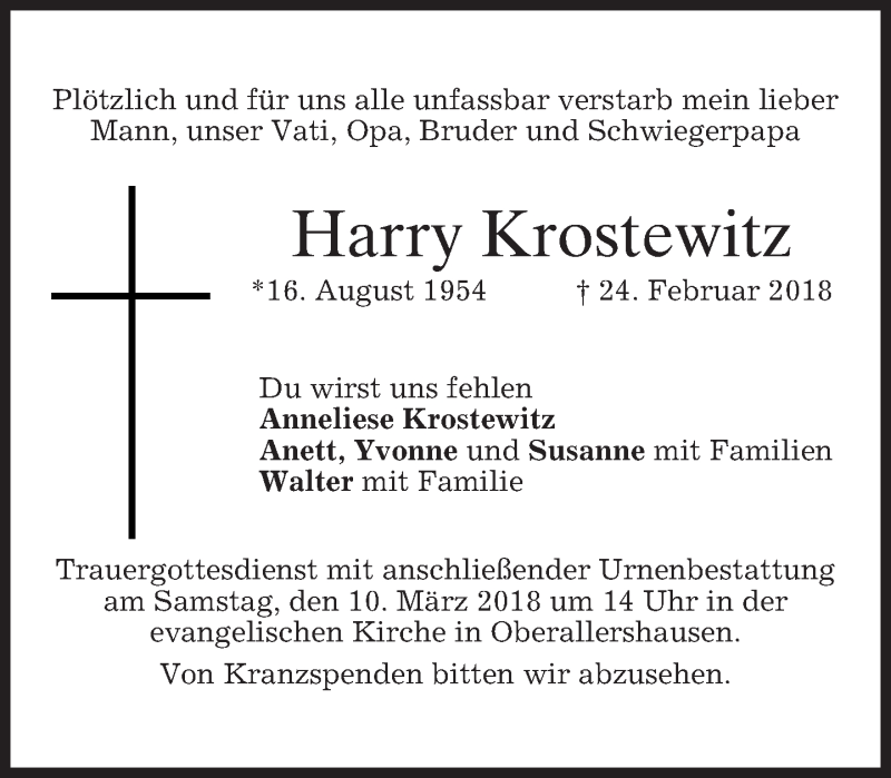  Traueranzeige für Harry Krostewitz vom 07.03.2018 aus merkurtz