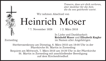 Traueranzeige von Heinrich Moser von merkurtz
