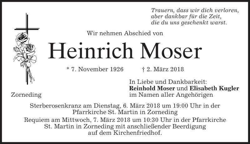  Traueranzeige für Heinrich Moser vom 05.03.2018 aus merkurtz