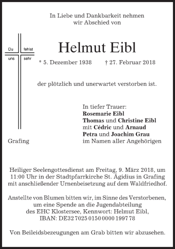 Traueranzeige von Helmut Eibl von merkurtz