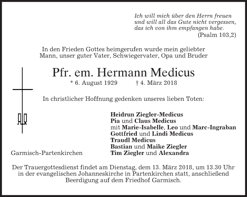  Traueranzeige für Hermann Medicus vom 10.03.2018 aus merkurtz