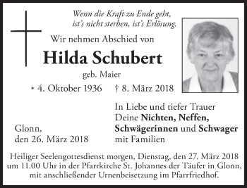 Traueranzeige von Hilda Schubert