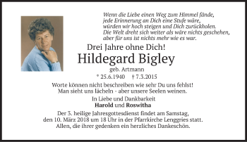 Traueranzeige von Hildegard Bigley von merkurtz