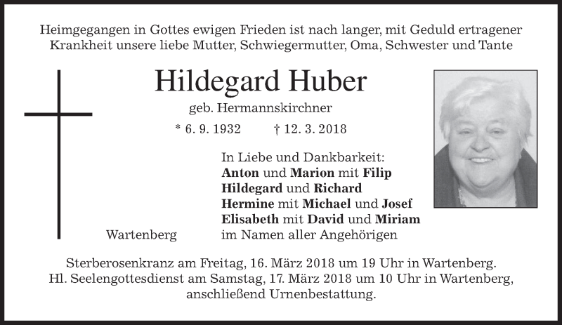  Traueranzeige für Hildegard Huber vom 15.03.2018 aus merkurtz