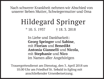 Traueranzeige von Hildegard Springer von merkurtz