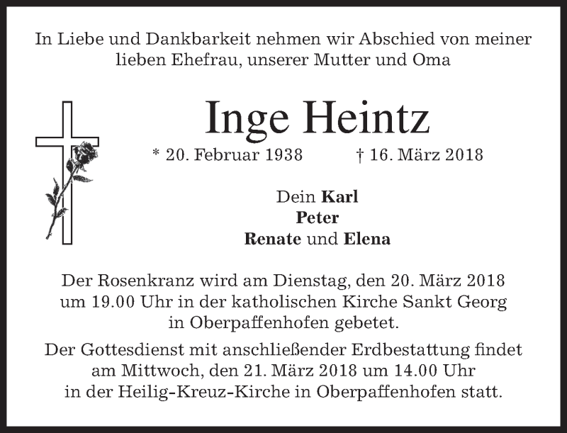  Traueranzeige für Inge Heintz vom 19.03.2018 aus merkurtz
