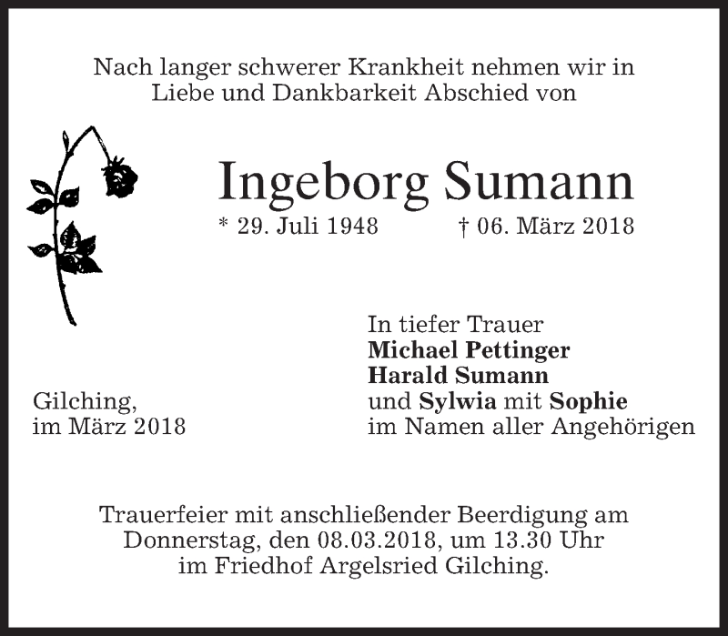  Traueranzeige für Ingeborg Sumann vom 07.03.2018 aus merkurtz