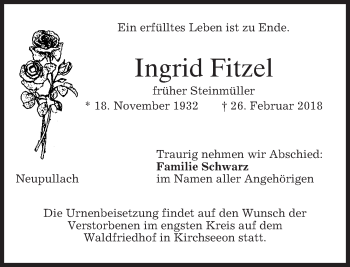 Traueranzeige von Ingrid Fitzel von merkurtz
