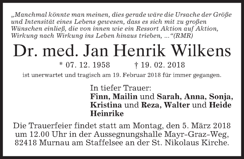  Traueranzeige für Jan Henrik Wilkens vom 03.03.2018 aus merkurtz