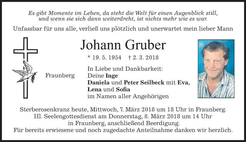  Traueranzeige für Johann Gruber vom 07.03.2018 aus merkurtz