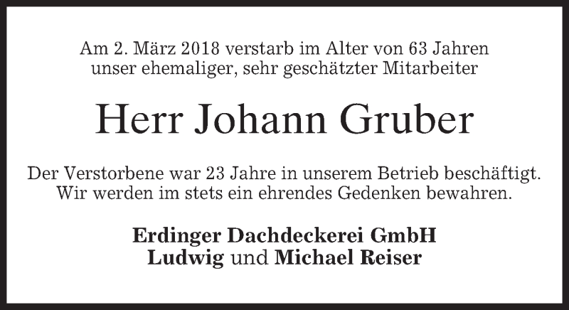  Traueranzeige für Johann Gruber vom 08.03.2018 aus merkurtz