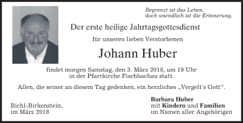 Traueranzeige von Johann Huber von merkurtz